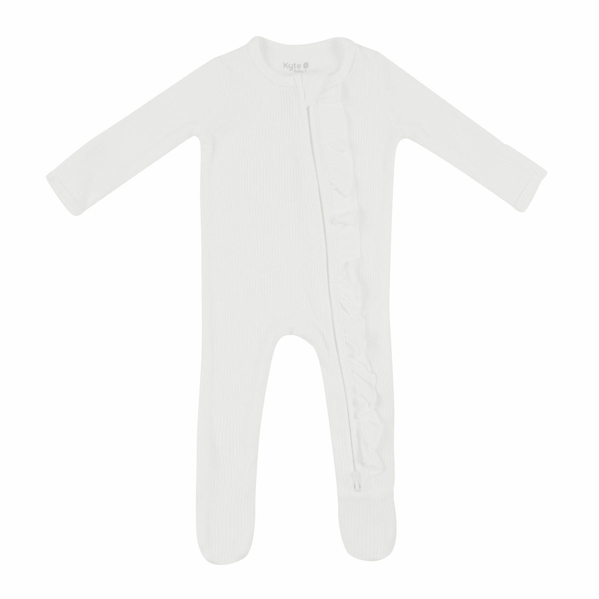 Ribbed Ruffle Zipper Footie in Cloud | Kyte Baby
