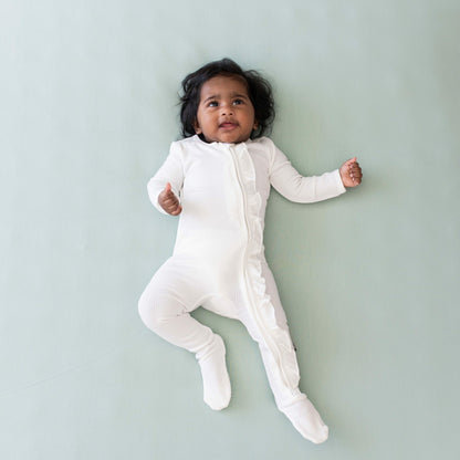 Ribbed Ruffle Zipper Footie in Cloud | Kyte Baby