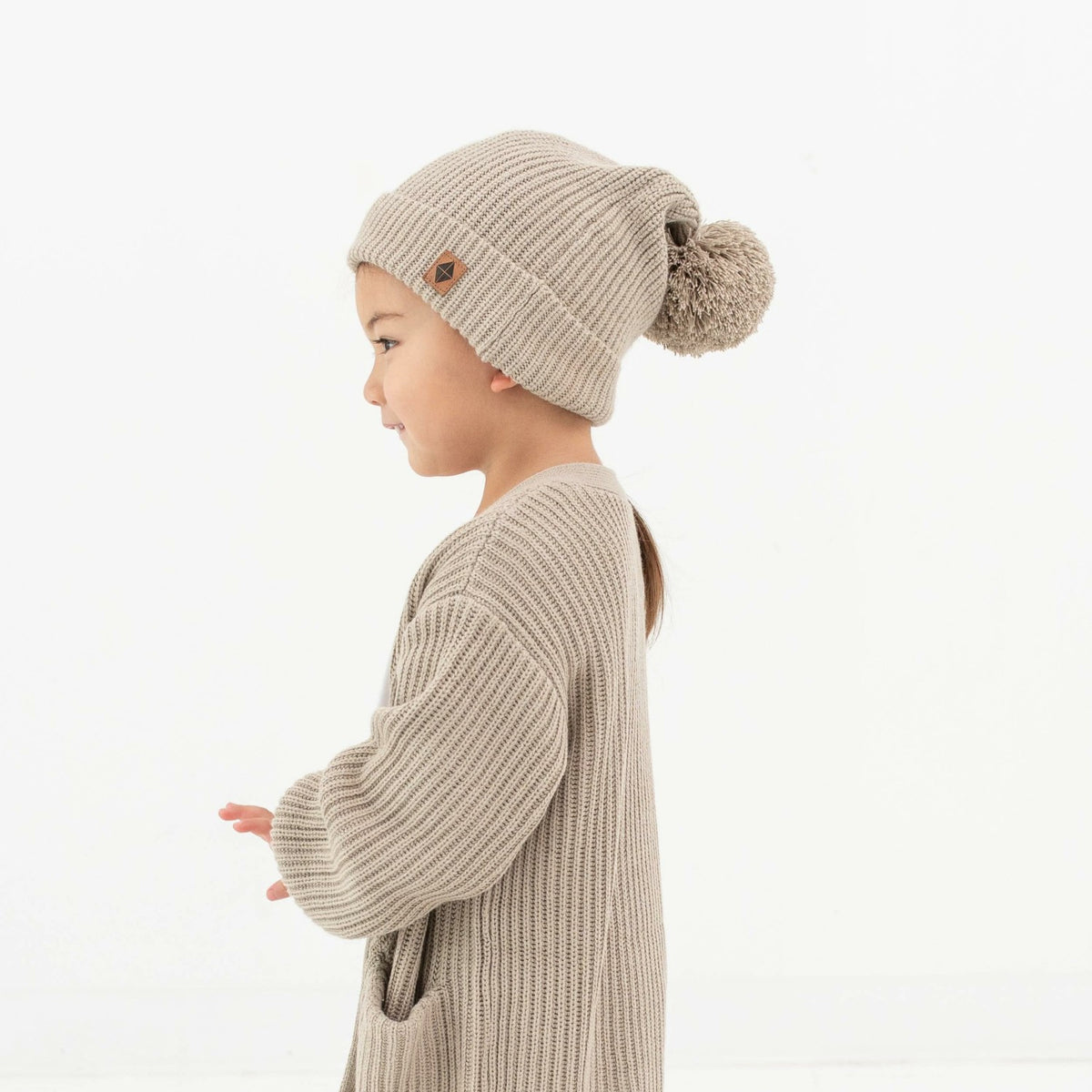 Chunky Knit Pom Beanie in Almond | Kyte Baby