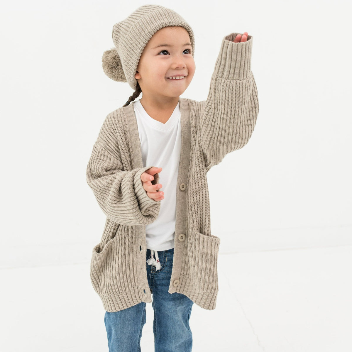 Chunky Knit Pom Beanie in Almond | Kyte Baby