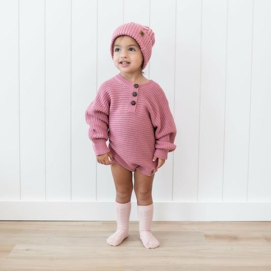 Chunky Knit Romper in Apple Blossom | Kyte Baby