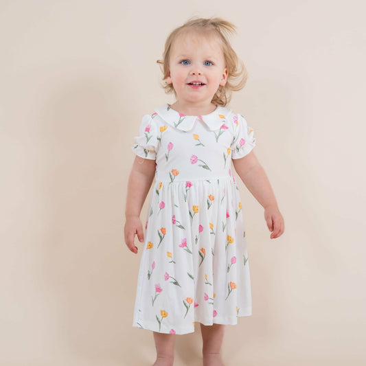 Peter Pan Collar Bodysuit Dress in Tulip | Kyte Baby