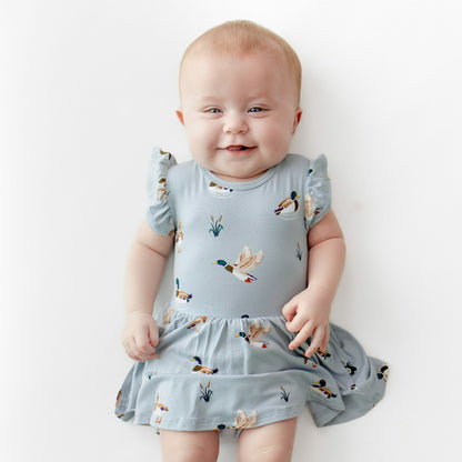 Twirl Bodysuit Dress in Mallard Duck | Kyte Baby
