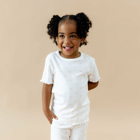 Pointelle Short Sleeve Set in Sweet Pink Bow | Kyte Baby