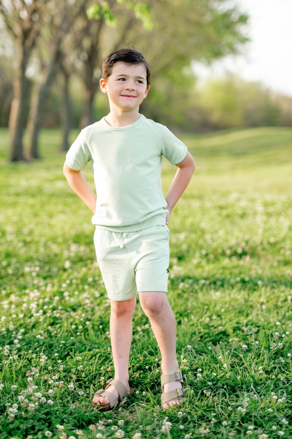 Short Sleeve Jogger Set in Basil | Kyte Baby