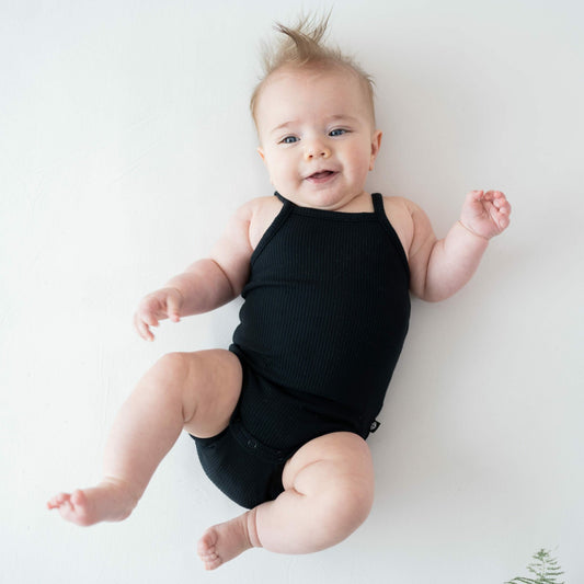 Ribbed Spaghetti Strap Bodysuit in Midnight | Kyte Baby
