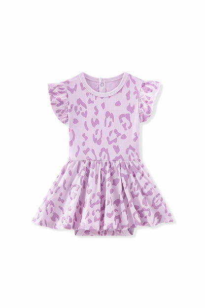 Twirl Bodysuit Dress in Thistle Leopard | Kyte Baby