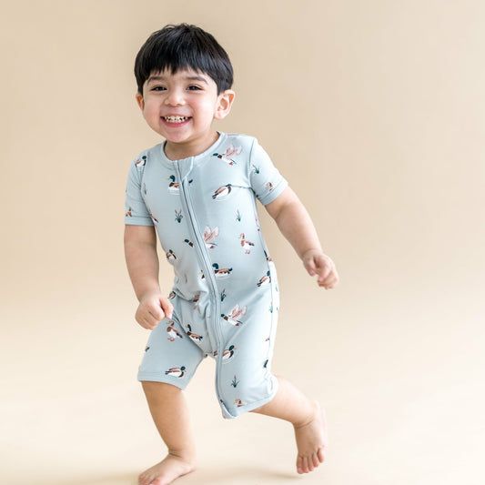 Zipper Shortall Romper in Mallard Duck | Kyte Baby