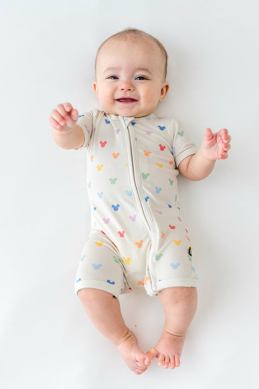 Zipper Shortall Romper in Pastel Mickey Mouse | Kyte Baby