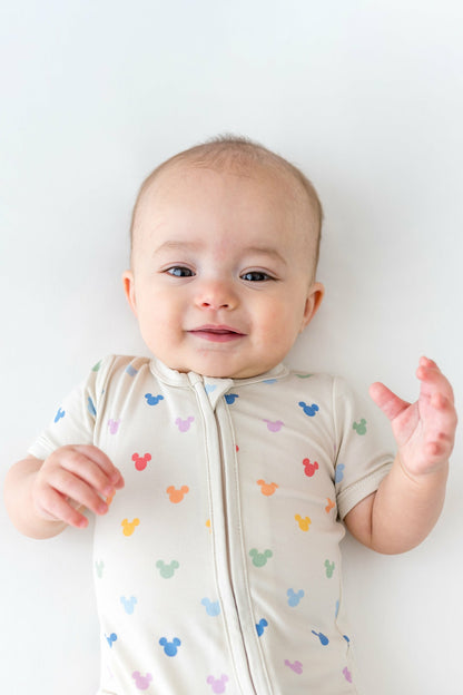 Zipper Shortall Romper in Pastel Mickey Mouse | Kyte Baby