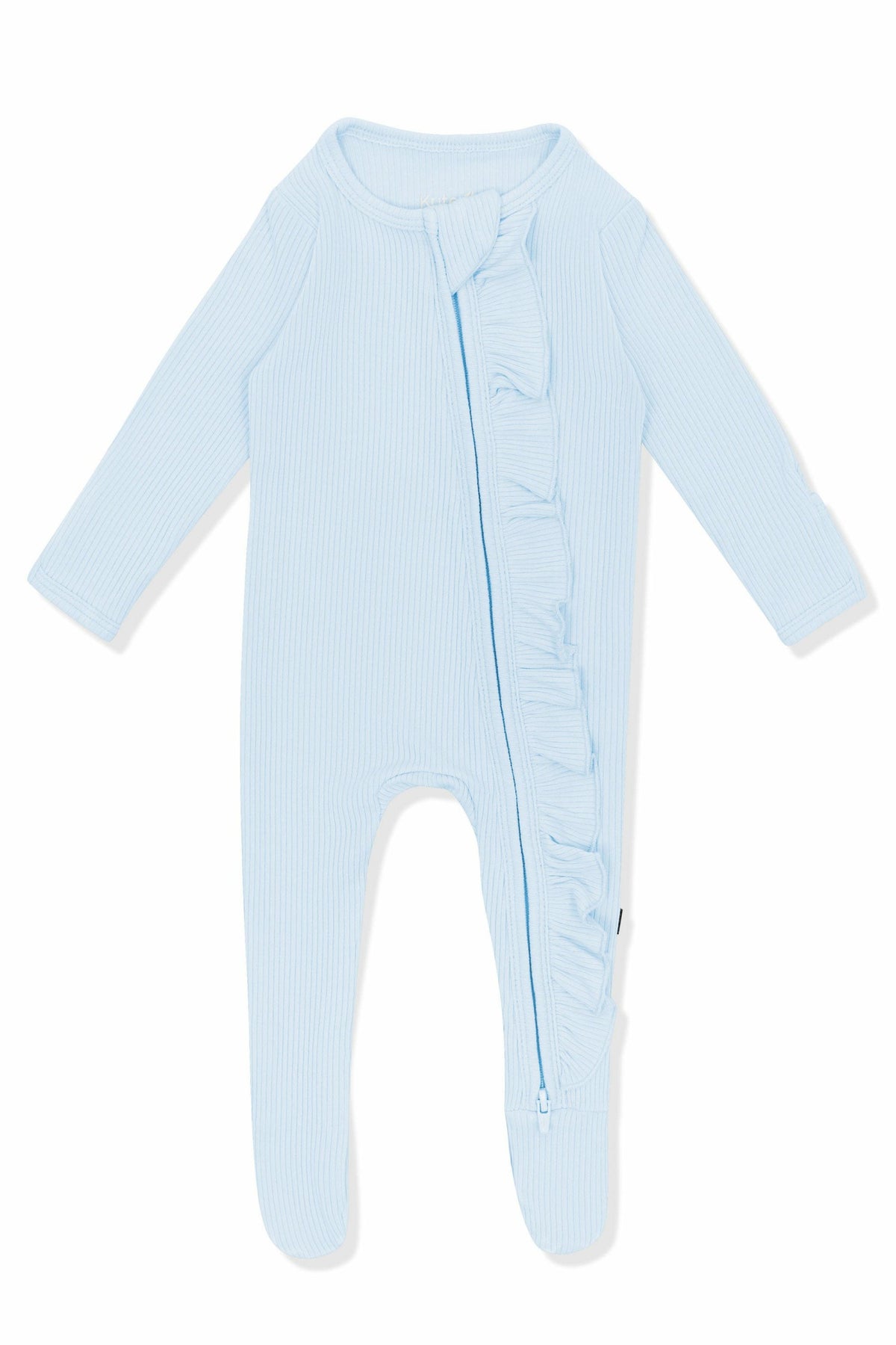 Ribbed Ruffle Zipper Footie in Breeze | Kyte Baby