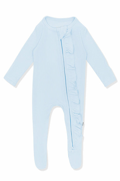 Ribbed Ruffle Zipper Footie in Breeze | Kyte Baby