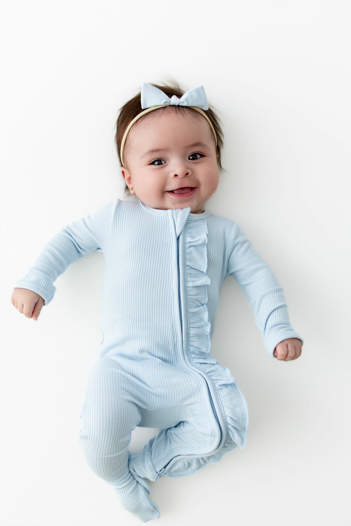 Ribbed Ruffle Zipper Footie in Breeze | Kyte Baby