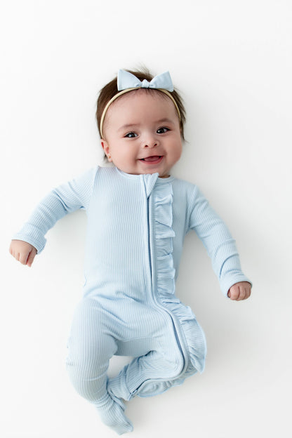 Ribbed Ruffle Zipper Footie in Breeze | Kyte Baby