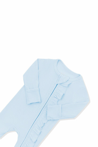 Ribbed Ruffle Zipper Footie in Breeze | Kyte Baby