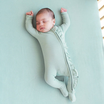 Ribbed Ruffle Zipper Footie in Sage | Kyte Baby