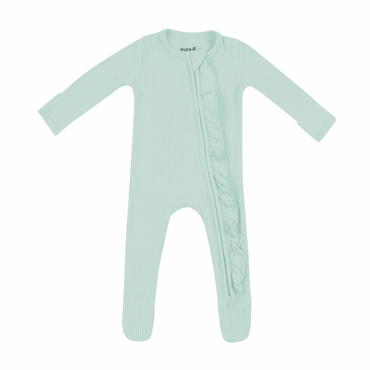 Ribbed Ruffle Zipper Footie in Sage | Kyte Baby