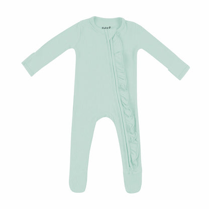 Ribbed Ruffle Zipper Footie in Sage | Kyte Baby