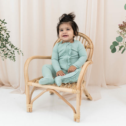Ribbed Ruffle Zipper Footie in Sage | Kyte Baby