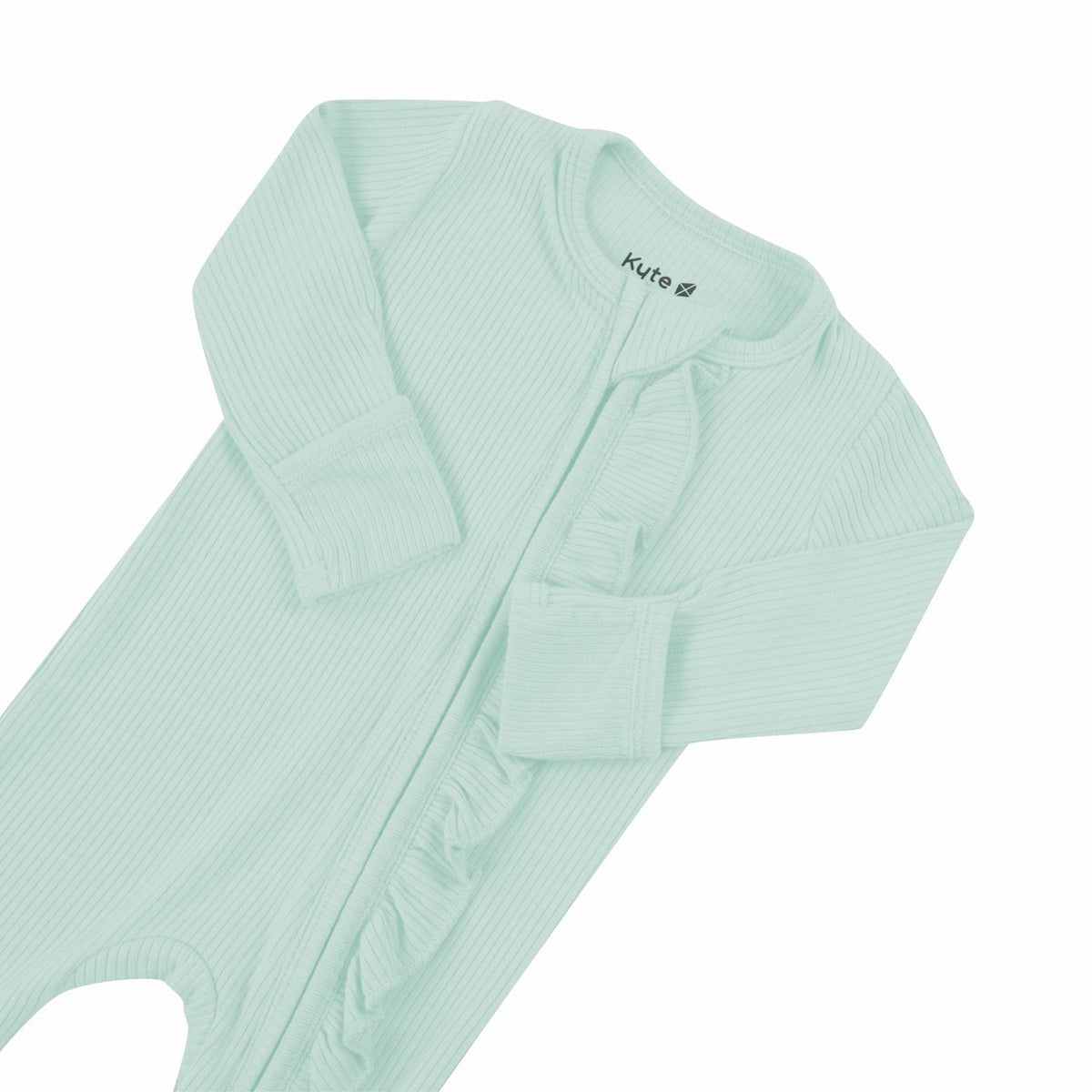 Ribbed Ruffle Zipper Footie in Sage | Kyte Baby