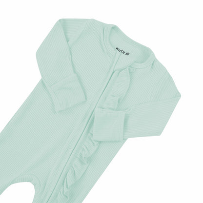 Ribbed Ruffle Zipper Footie in Sage | Kyte Baby