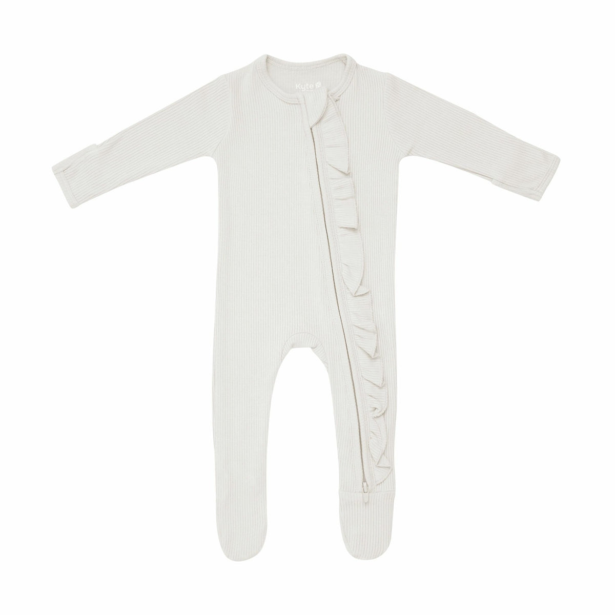 Ribbed Ruffle Bamboo Zipper Footie in Oat | Kyte Baby