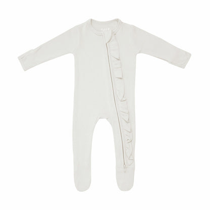 Ribbed Ruffle Bamboo Zipper Footie in Oat | Kyte Baby
