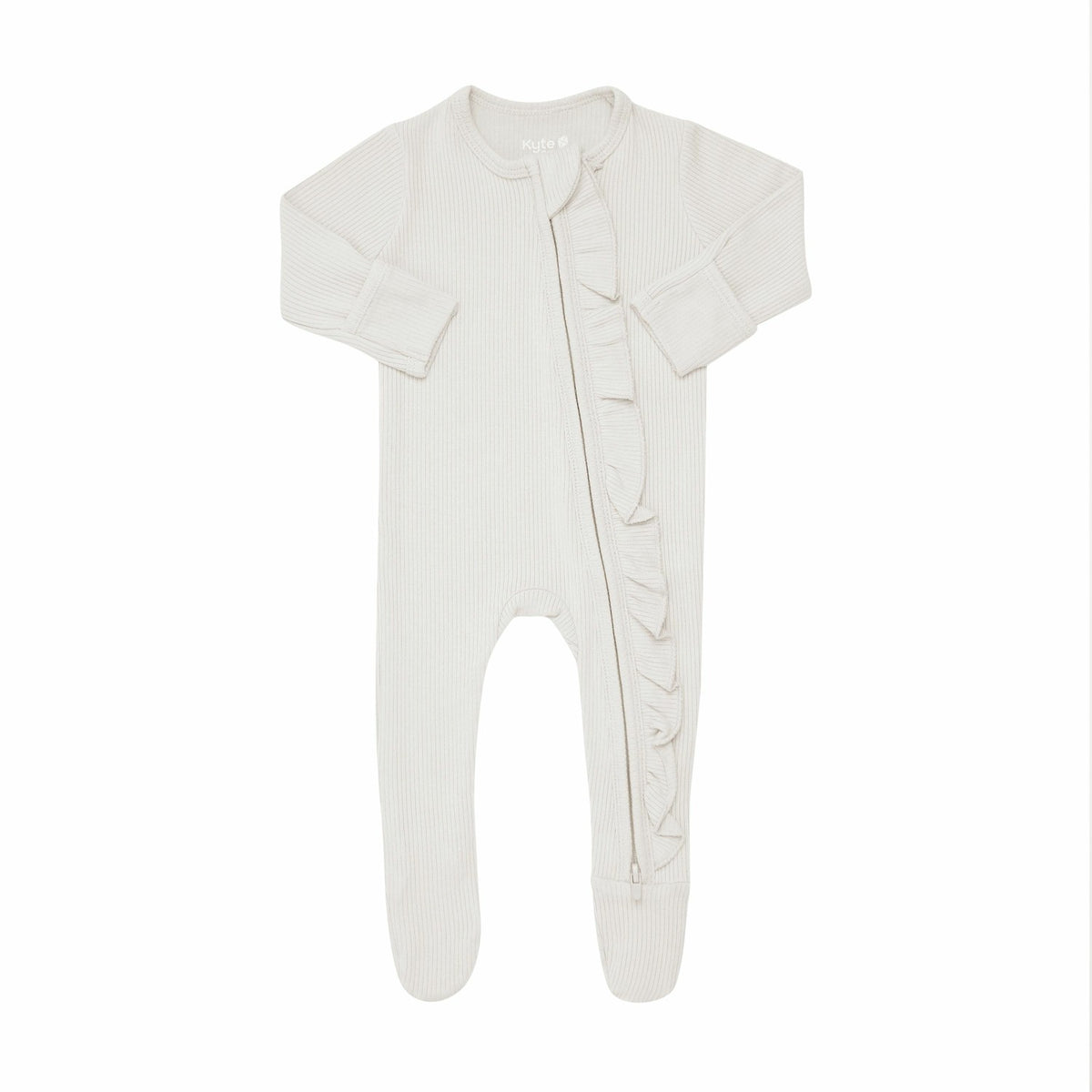 Ribbed Ruffle Bamboo Zipper Footie in Oat | Kyte Baby