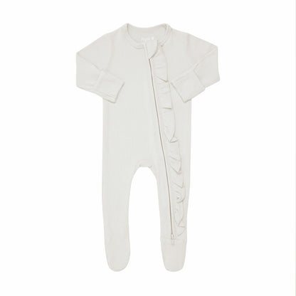 Ribbed Ruffle Bamboo Zipper Footie in Oat | Kyte Baby