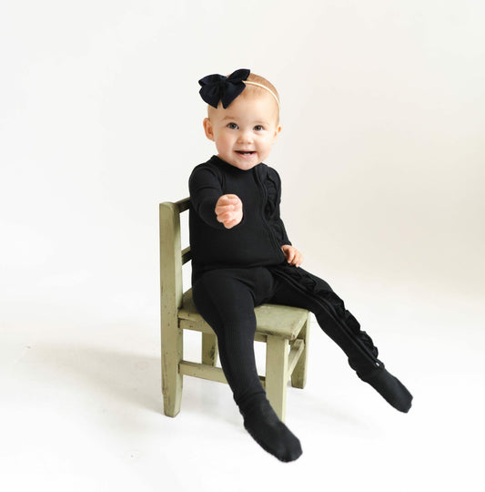 Ribbed Ruffle Zipper Footie in Midnight | Kyte Baby