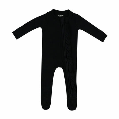 Ribbed Ruffle Zipper Footie in Midnight | Kyte Baby