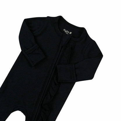 Ribbed Ruffle Zipper Footie in Midnight | Kyte Baby