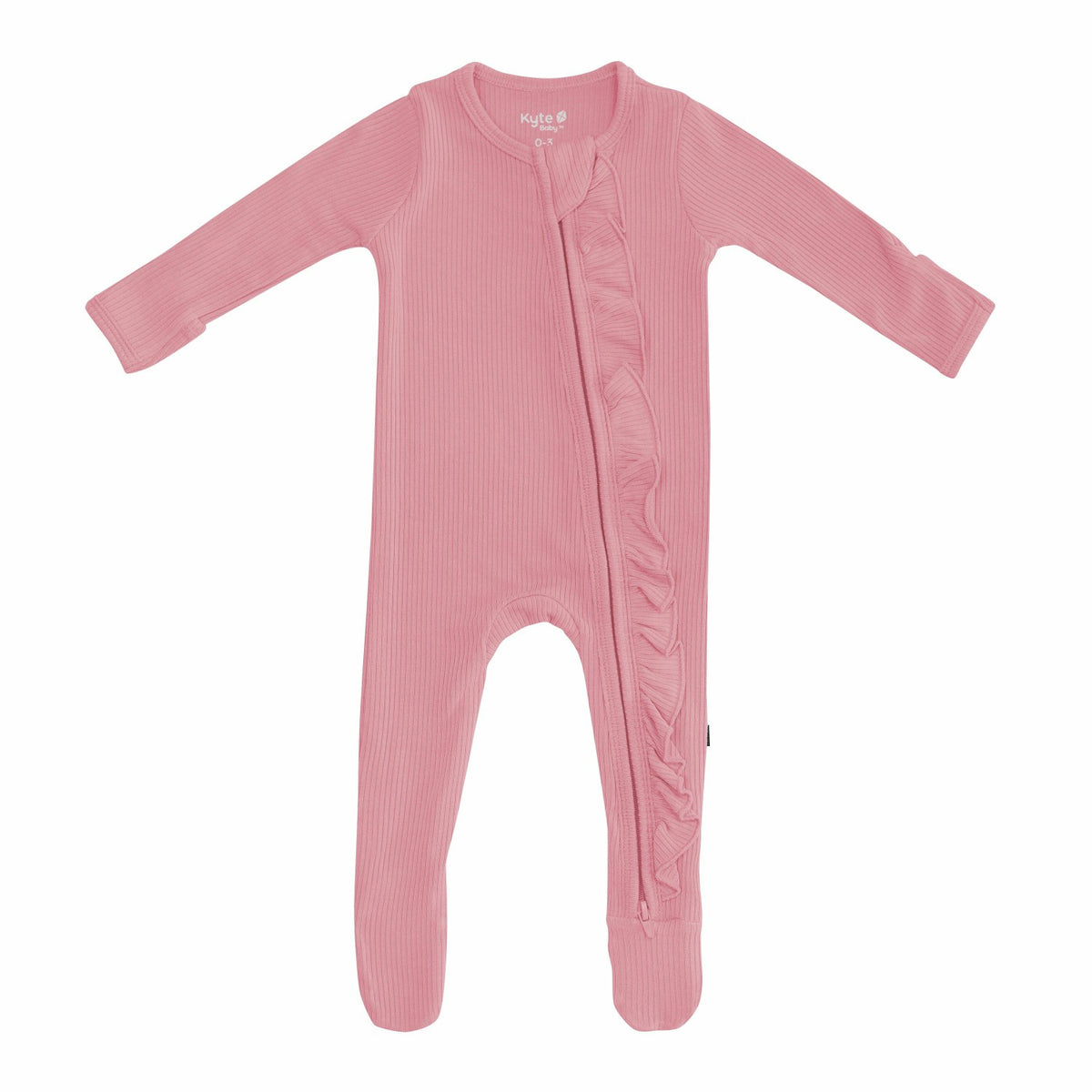 Ribbed Ruffle Zipper Footie in Apple Blossom | Kyte Baby