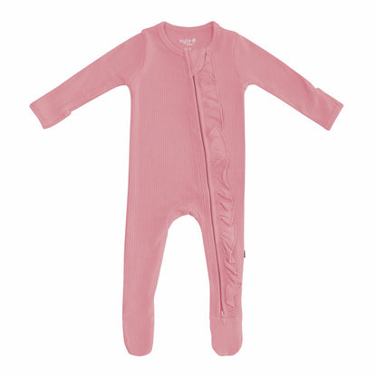 Ribbed Ruffle Zipper Footie in Apple Blossom | Kyte Baby