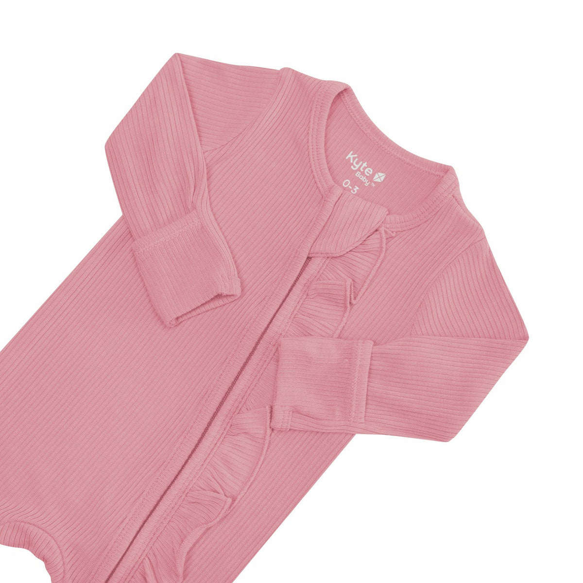 Ribbed Ruffle Zipper Footie in Apple Blossom | Kyte Baby