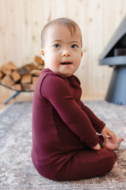Ribbed Zipper Romper in Burgundy | Kyte Baby