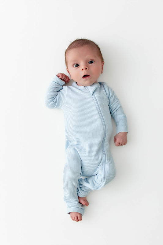 Ribbed Zipper Romper in Breeze | Kyte Baby