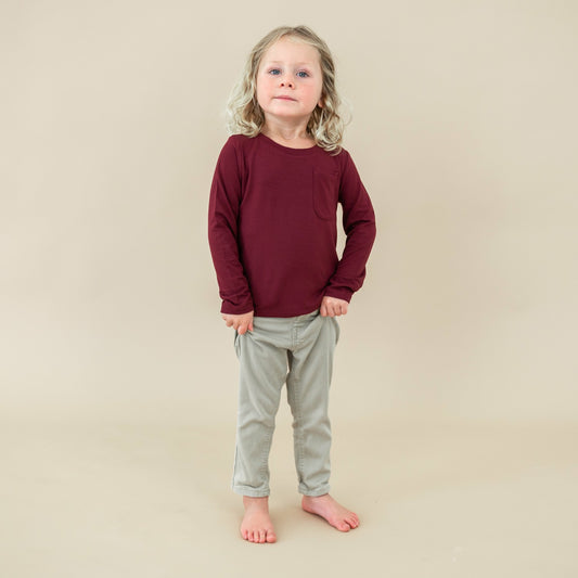 Long Sleeve Toddler Crew Neck Tee in Burgundy | Kyte Baby