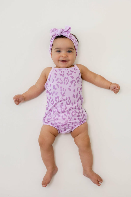 Spaghetti Strap Leotard in Thistle Leopard | Kyte Baby