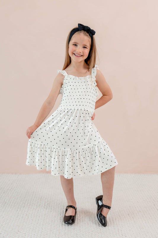 Smocked Dress in Midnight Polka Dot | Kyte Baby