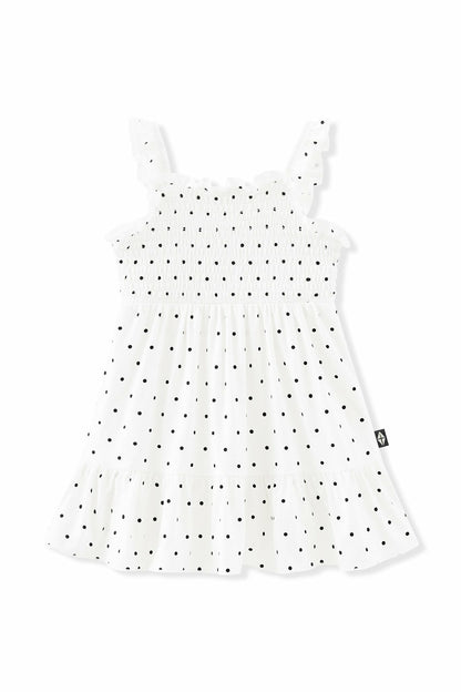Smocked Dress in Midnight Polka Dot | Kyte Baby