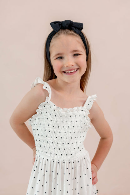 Smocked Dress in Midnight Polka Dot | Kyte Baby