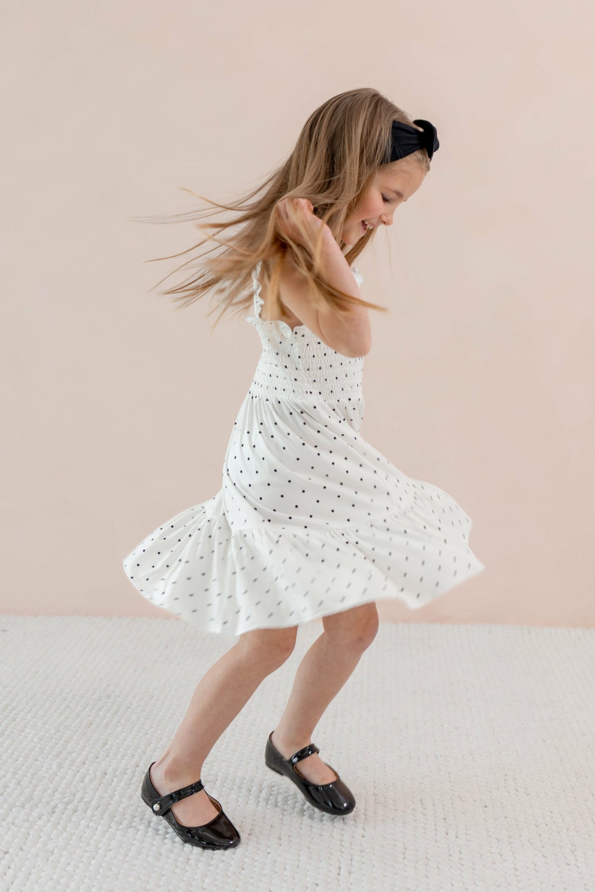 Smocked Dress in Midnight Polka Dot | Kyte Baby
