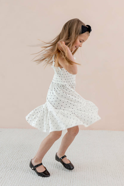 Smocked Dress in Midnight Polka Dot | Kyte Baby