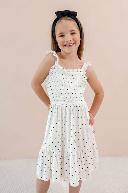 Smocked Dress in Midnight Polka Dot | Kyte Baby