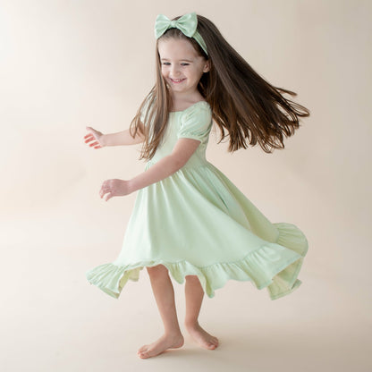Puff Sleeve Twirl Dress in Basil | Kyte Baby