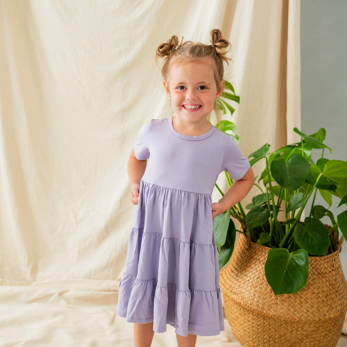 Short Sleeve Tiered Dress in Taro | Kyte Baby