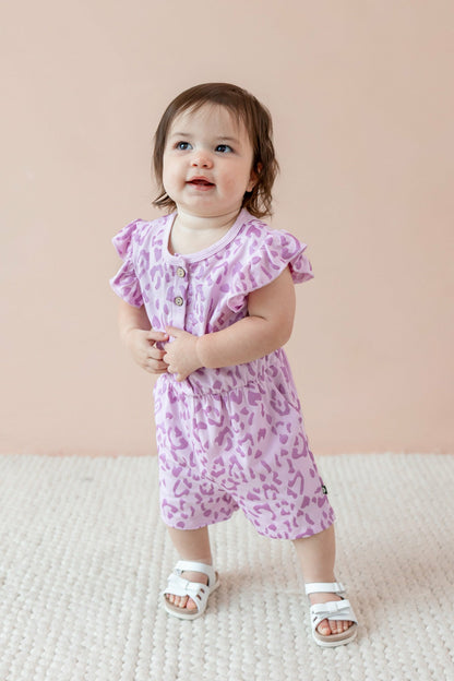 Flutter Sleeve Romper in Thistle Leopard | Kyte Baby