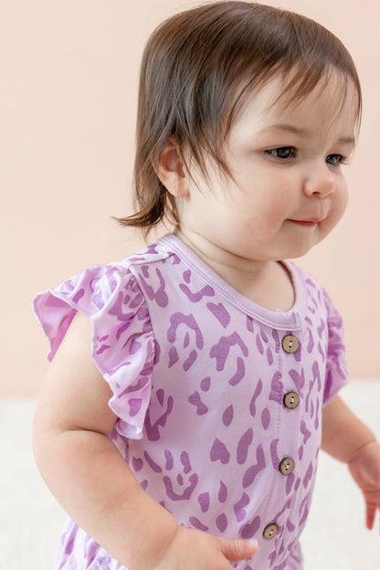 Flutter Sleeve Romper in Thistle Leopard | Kyte Baby