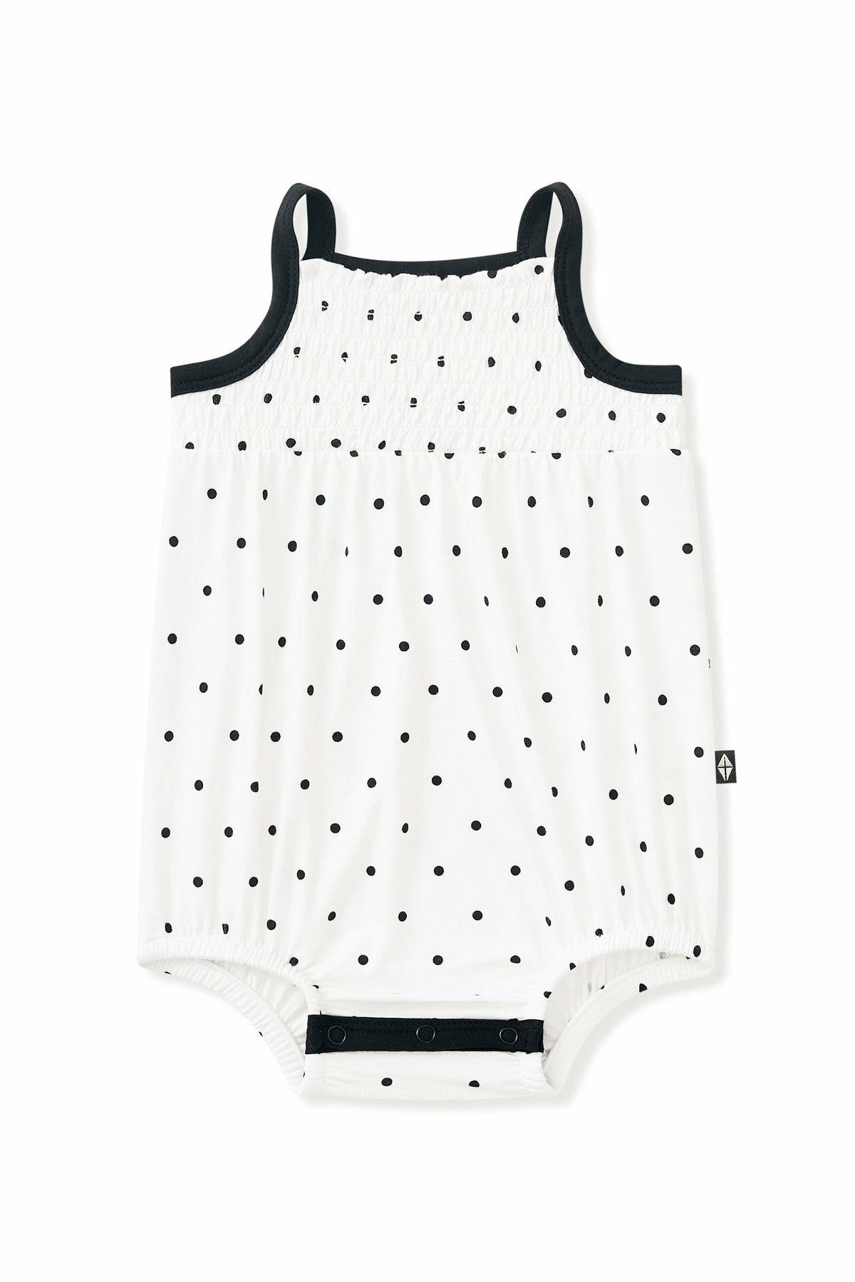 Smocked Bubble Romper in Midnight Polka Dot | Kyte Baby
